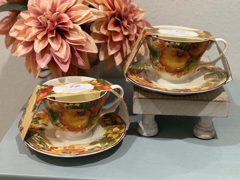 222 Fifth Pumpkin Teacup Saucer Orange Gold Green Autumn Thanksgiving Set Of 2